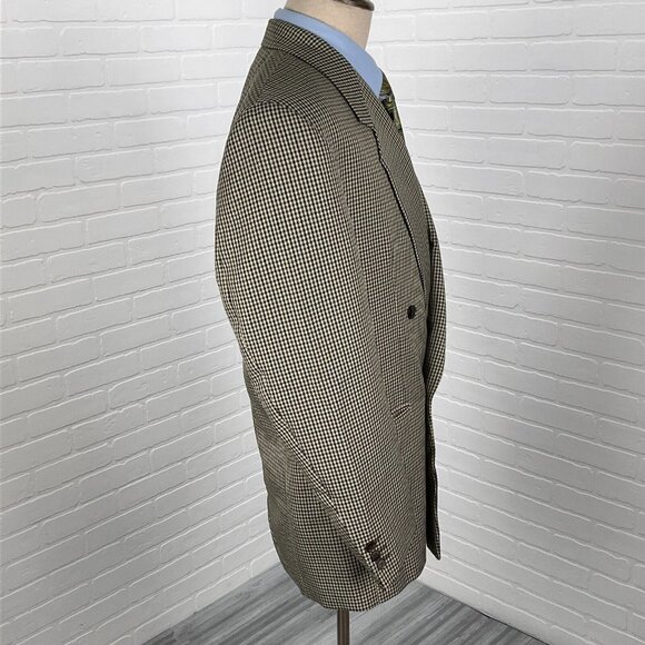 Oradinum Blazer Men 44 Tan Green Houndstooth Double Breasted Polyester Romainia‎ - Picture 5 of 16
